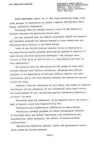 Urges final passage of PA Agent Orange Information Commission legislation