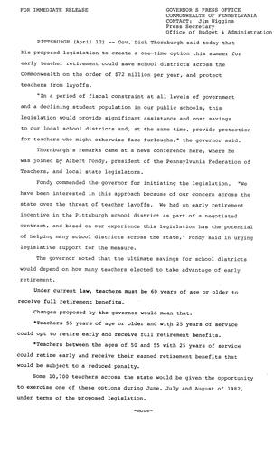 Proposes early teacher retirement legislation