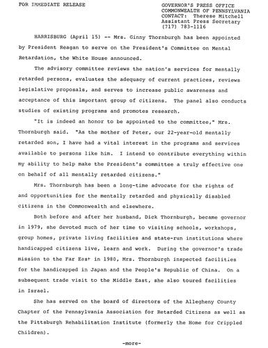 Ginny Thornburgh appointed to President's Committee on Mental Retardation