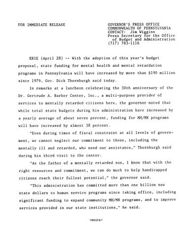 Remarks: Dr. Gertrude A. Barber Center, Inc. 30th anniversary