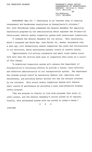 Commends General Assembly for approving once-a-year Vehicle Inspection Legislation