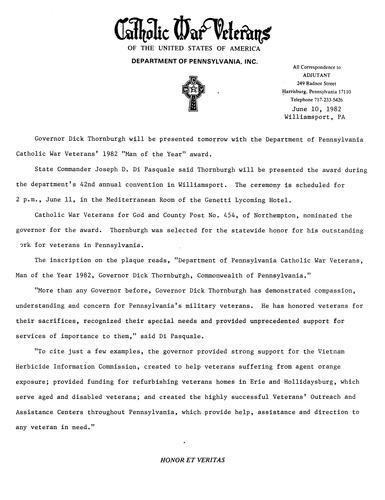 Department of PA Catholic War Veterans' 1982 "Man of the Year"