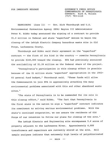 PA and U.S. EPA contract signing to begin cleanup of Lehigh Electric Company hazardous waste site in Old Forge