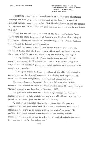 PA's Small Business Advertising Campaign, "Small Business has a Friend in PA" cited for 1982 O & R Award of the American Press