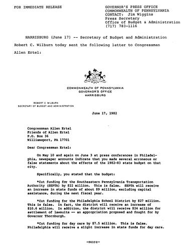 Budget and Administration Secretary Robert Wilburn: Letter to Allan Ertel