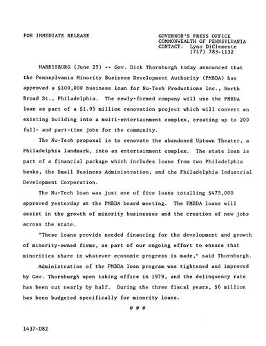 PA Minority Business Development Authority approves $100,000 loan for Nu-Tech Productions\, Inc.