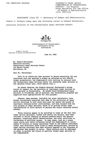 Budget and Administration Secretary Robert Wilburn letter to Howard Thorkelson, PA Legal Services Center Executive Director
