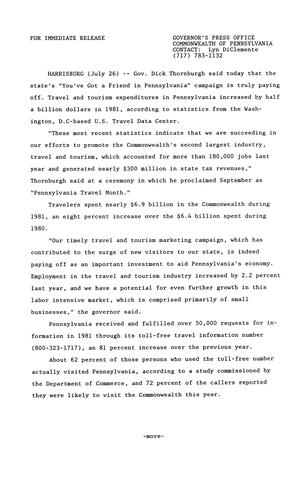 "You've got a Friend in PA" Campaign increases travel and tourism expenditures by half a billion dollars in 1981