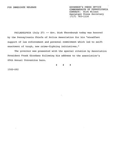 Special citation from Frank Giordano, President, PA Chiefs of Police Association