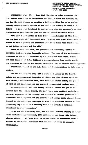 Commends U.S. Senate Committee on Environment and Public Works for clearing way for full Senate to consider radiation cleanup of Three Mile Island (TMI),