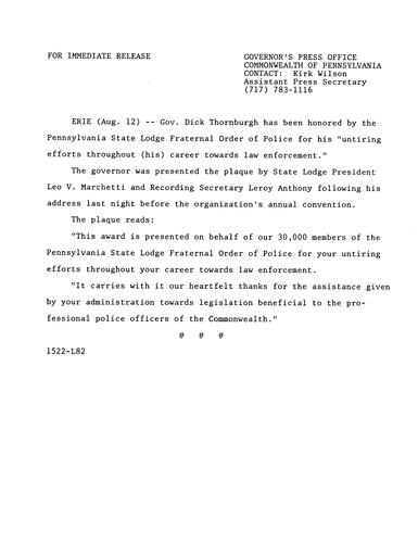Award from Leo V. Marchetti, State Lodge President, PA State Lodge Fraternal Order of Police