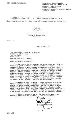 Letter to U.S. Defense Secretary Casper W. Weinberger regarding Penn Ship Yard,