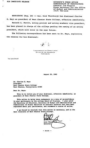 Letter of dismissal to Charles G. Mayo, West Chester State College President,
