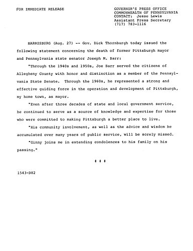 Statement: death of Joseph M. Barr,
