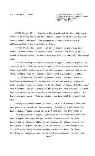 Lt. Governor Scranton: Start-up of new PA Capital Loan Fund