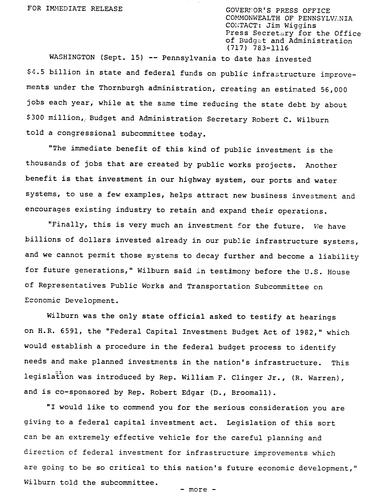 Budget and Administration Secretary Robert Wilburn: Testimony before Public Works & Transportation Subcommittee on Economic Development of the U.S. House of Representatives