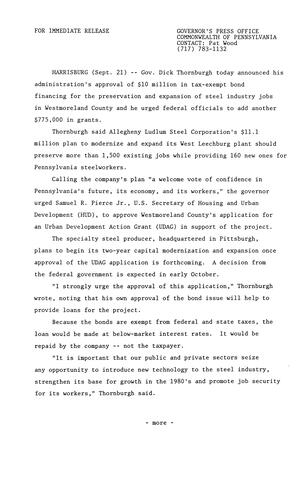 $10 million in tax-exempt bond financing for preservation and expansion of steel industry jobs in Westmoreland County