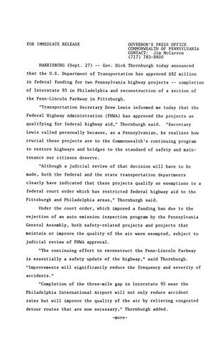 U.S. Transportation Department approves $82 million in federal funding for completion of I-95 in Philadelphia and reconstruction of Penn-Lincoln Parkway section in Pittsburgh