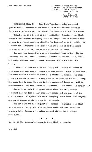 Letter to U.S. Agriculture Secretary John Block regarding federal assistance for farmers,