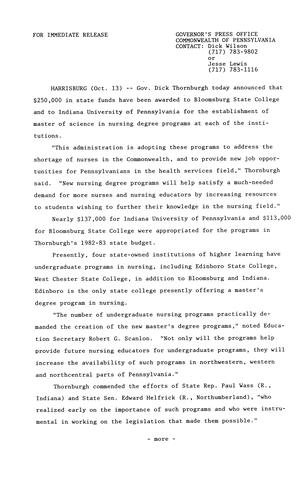 $250,000 in state funds for Master of Science in Nursing Degree Programs at Bloomsburg State College and Indiana University