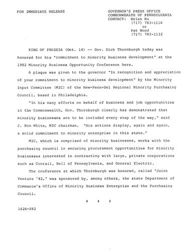 Honored by Minority Input Committee at 1982 Minority Business Opportunity Conference