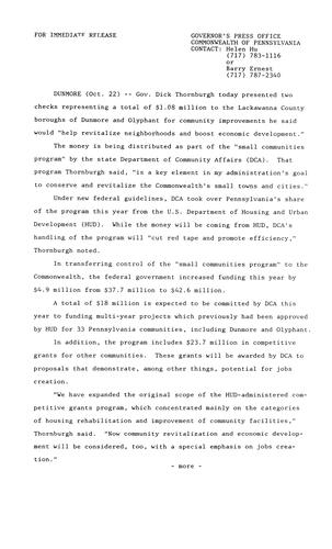 $1.08 million from DCA "Small Communities Program" for Dunmore and Olyphant in Lackawanna County