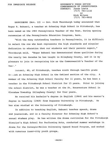 Roger R. Babusci named 1983 Teacher of the Year during Pennsylvania Education Congress