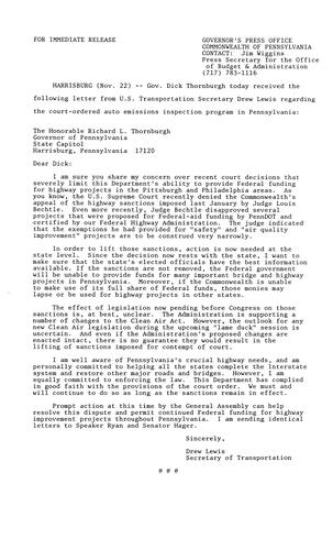 Letter to U.S. Transportation Secretary Drew Lewis regarding court ordered auto emissions inspection program