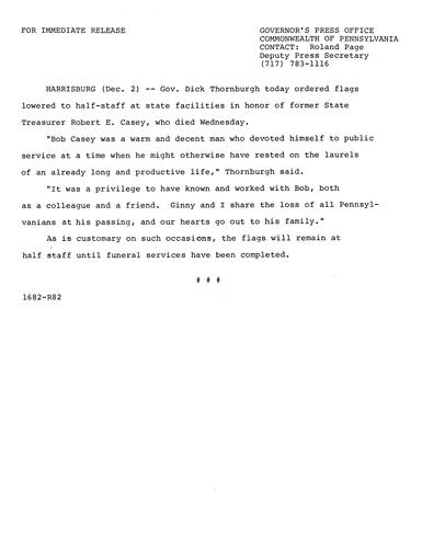 Statement: on the death of Robert E. Casey