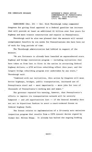 Commends Congress for approving Federal Gas Tax increase