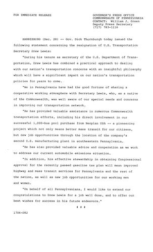 Resignation of U.S. Transportation Secretary Drew Lewis