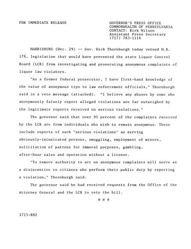 VETO: H.B. 178 would have prevented Liquor Control Board from investigating and prosecuting anonymous complaints