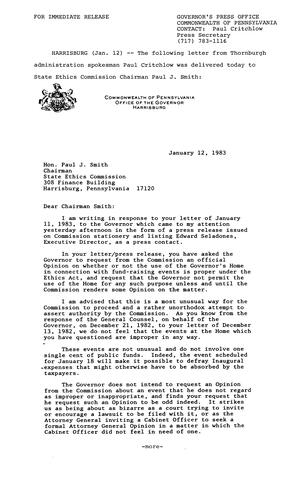 Paul Critchlow letter to Paul J. Smith, State Ethics Commission Chairman