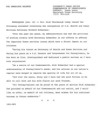 Statement: Resignation of U.S. Health and Human Services Secretary Richard Schweiker