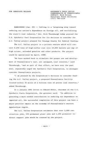 U.S. Synthetic Fuel Corporation will consider proposed A.C. Valley project for federal funding