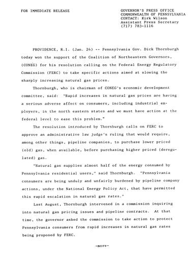 Wins CONEG's support for resolution to slow natural gas prices