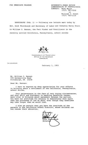 Letter to William J. Hannan, fact finder and Conciliator in California, PA school strike