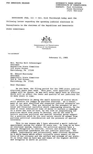 Letter to Chairman of Republican and Democratic State Committees regarding upcoming judicial elections