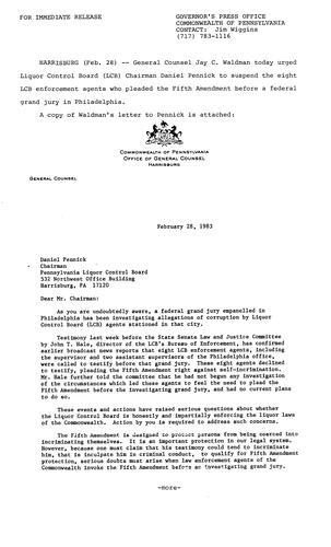 Jay C. Waldman letter to Daniel Pennick, Chairman, PA LCB regarding suspending 8 enforcement agents