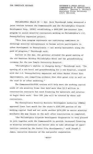 Joint venture between Commonwealth and Philadelphia Citywide Development Corporation to assist minority contractors with J.C. Penney/Gallery project
