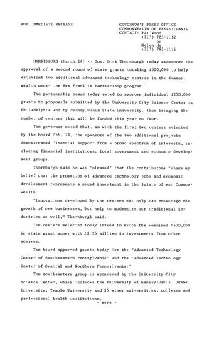 Additional $500,000 to establish two more advanced technology centers under Ben Franklin Partnership