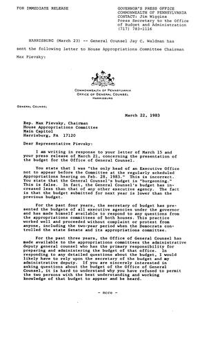 Jay C. Waldman letter to Representative Max Pievsky, House Appropriations Committee Chairman