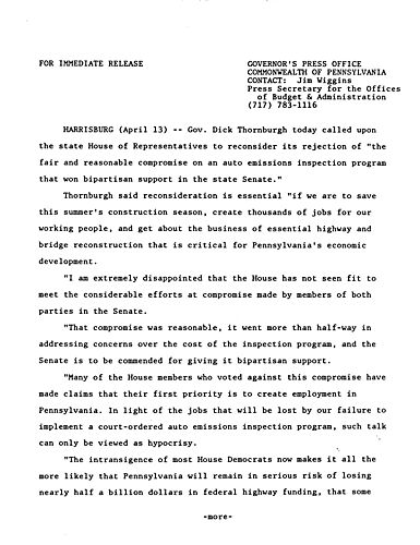 Asks House to reconsider its rejection of auto emissions inspection program,