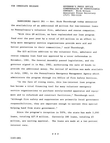 Additional $8 million for low-interest loans to Volunteer, Fire, Ambulance and Rescue Companies