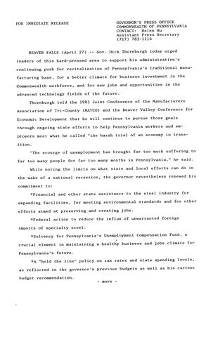 Remarks: 1983 Joint Conference of the Manufacturer's Association of Tri-County and the Beaver Valley Conference for Economic Development