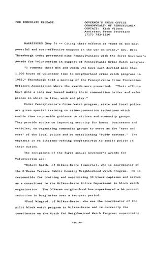 Remarks: First Governor's Awards for Volunteerism in PA Crime Commission Watch Programs