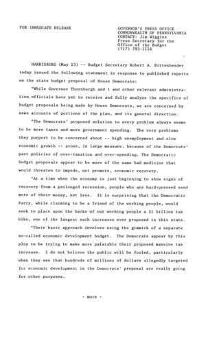 Budget Secretary Robert A. Bittenbender regarding published reports on state budget proposal of House Democrats