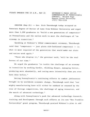 Honorary degree: Doctor of Laws from Widener University and Commencement remarks