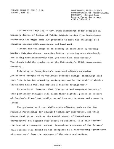 Honorary degree: Doctor of Public Administration from Susquehanna University and Commencement remarks