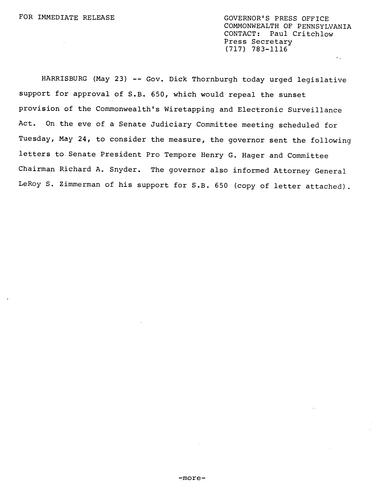 Urges approval of S.B. 650 regarding repeal of sunset provision for Wiretapping and Electronic Surveillance Act